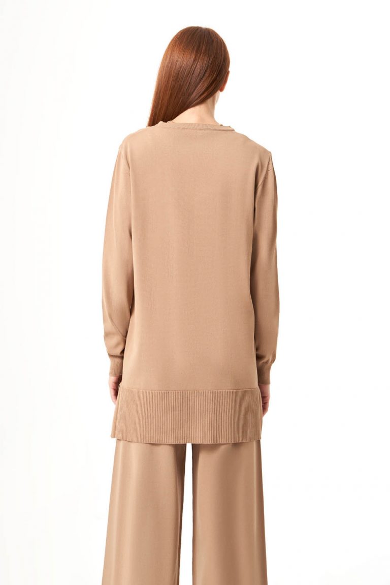 Mizalle Yuvarlak Yaka Camel Uzun Triko Tunik - Mizalle