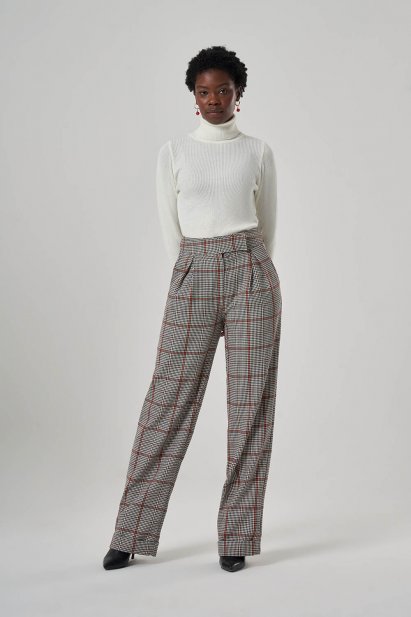 Mizalle Tek Pileli Geniş Ekoseli Bol Kesim Pantolon - Mizalle