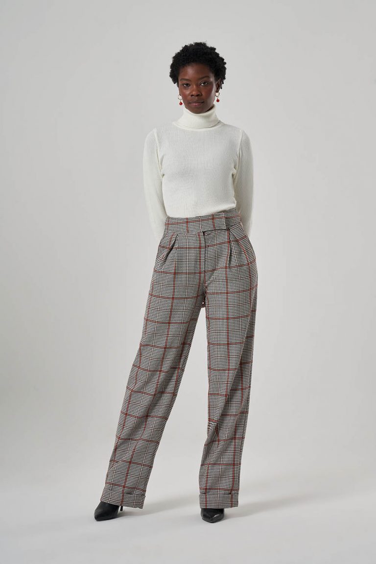 Mizalle Tek Pileli Geniş Ekoseli Bol Kesim Pantolon - Mizalle