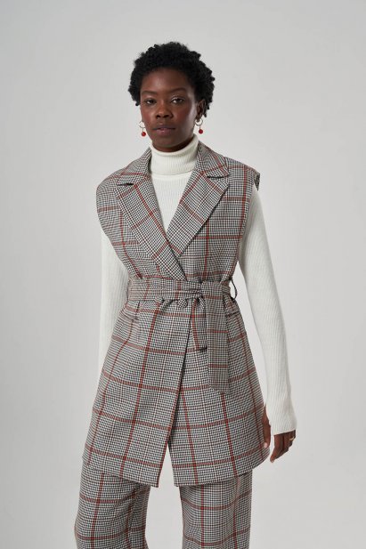 Mizalle Büyük Taba Ekoseli Kaşe Dokuma Yelek - Mizalle