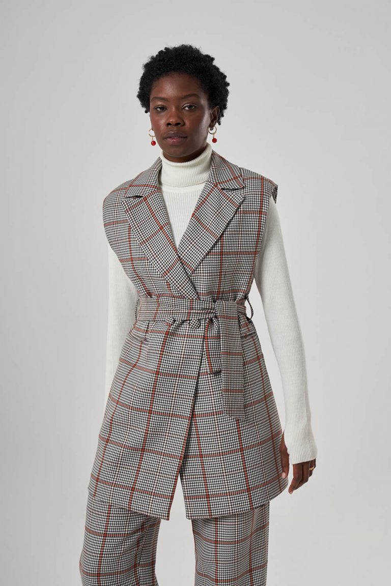 Mizalle Büyük Taba Ekoseli Kaşe Dokuma Yelek - Mizalle