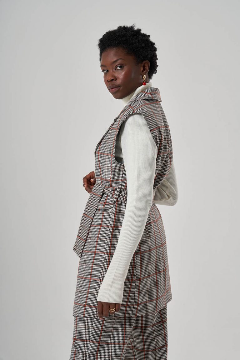 Mizalle Büyük Taba Ekoseli Kaşe Dokuma Yelek - Mizalle