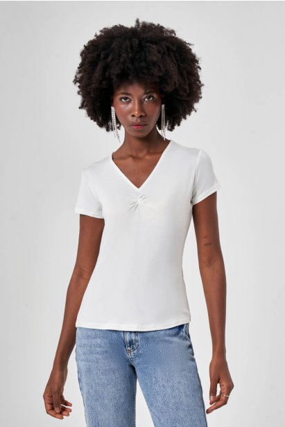 Büzgülü V Yaka Ekru Tshırt - Mizalle