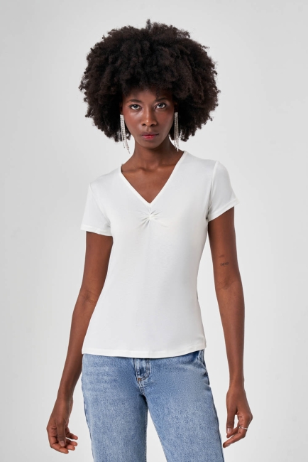 Mizalle - Büzgülü V Yaka Ekru Tshırt