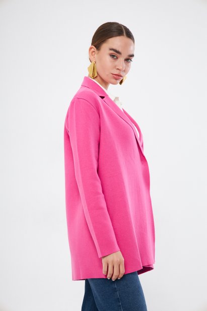 Mizalle Fuşya Örme Triko Rahat Kesimli Ceket - Mizalle
