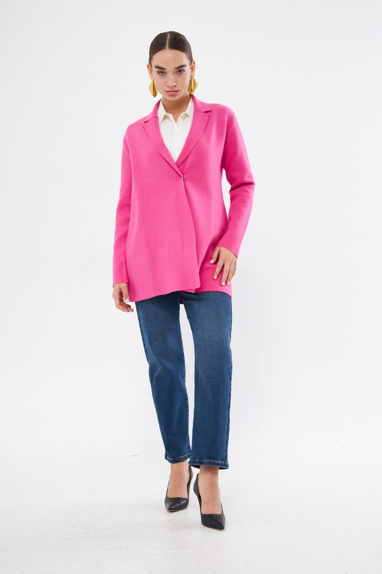 Mizalle Fuşya Örme Triko Rahat Kesimli Ceket - Mizalle