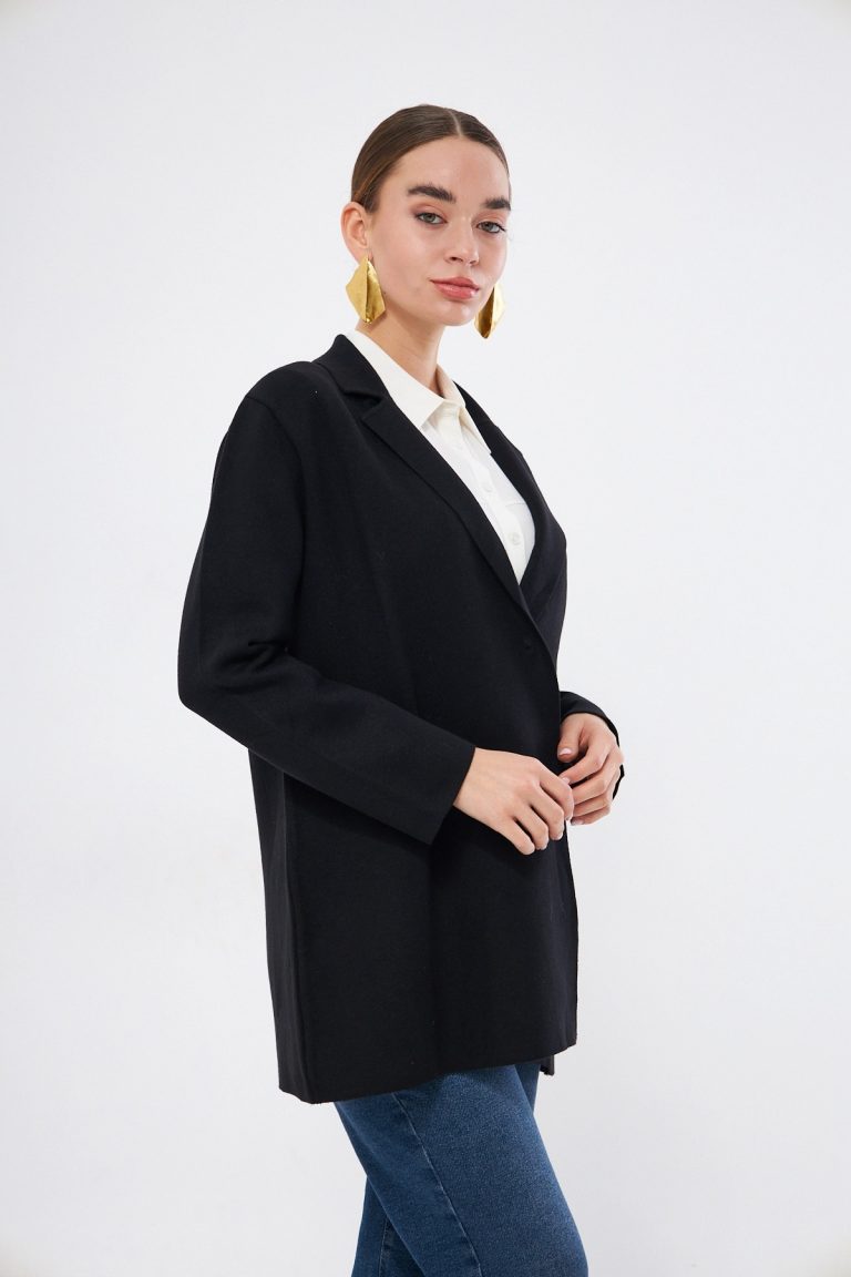 Mizalle Siyah Örme Triko Rahat Kesimli Ceket - Mizalle