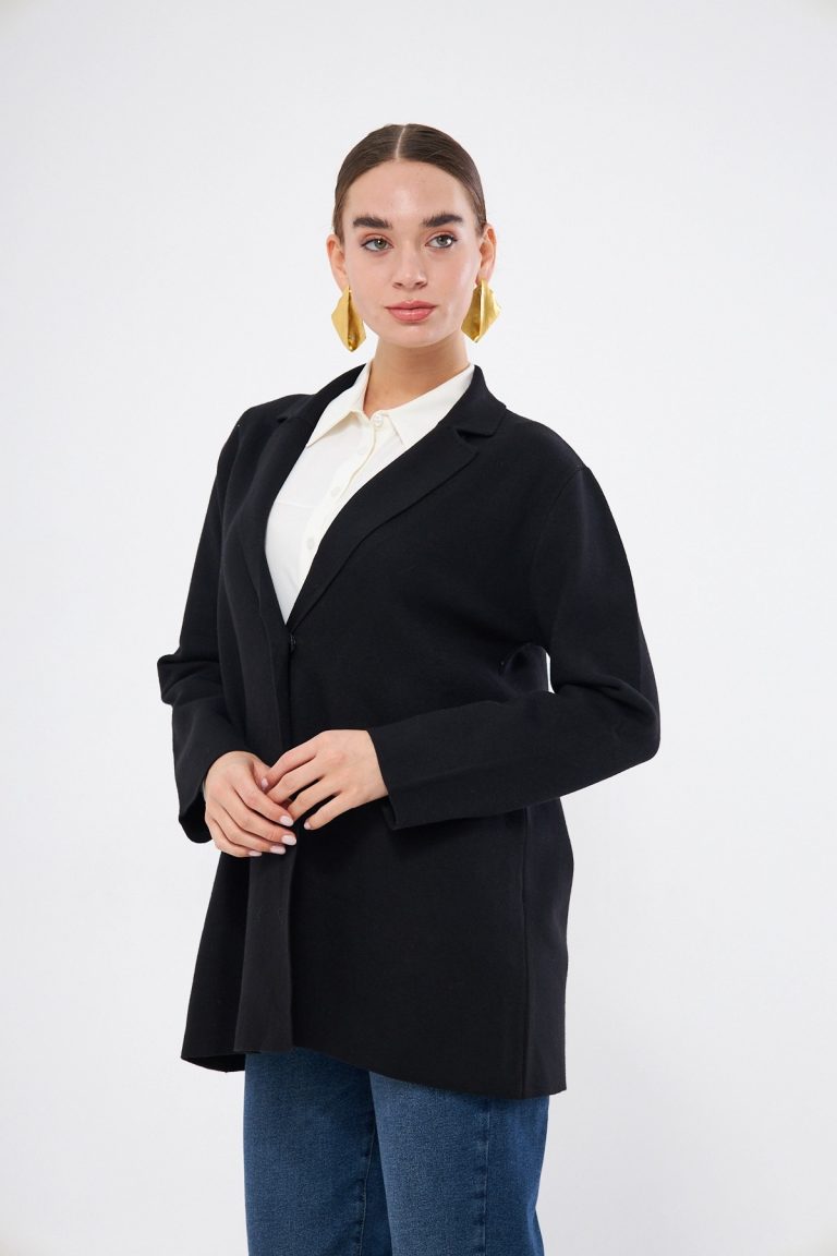 Mizalle Siyah Örme Triko Rahat Kesimli Ceket - Mizalle