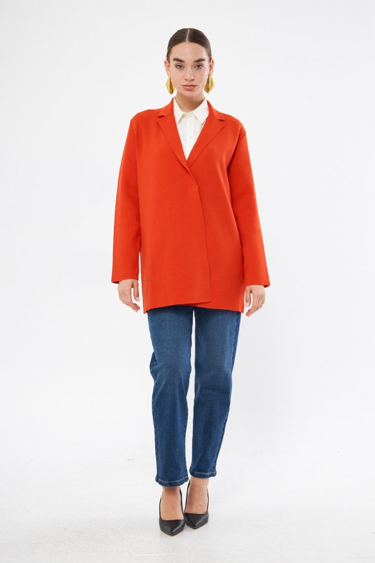 Mizalle Turuncu Örme Triko Rahat Kesimli Ceket - Mizalle