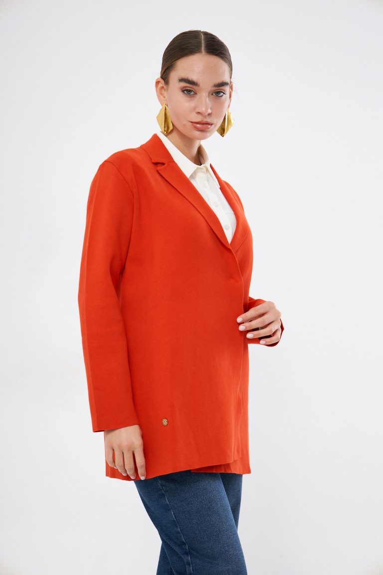 Mizalle Turuncu Örme Triko Rahat Kesimli Ceket - Mizalle