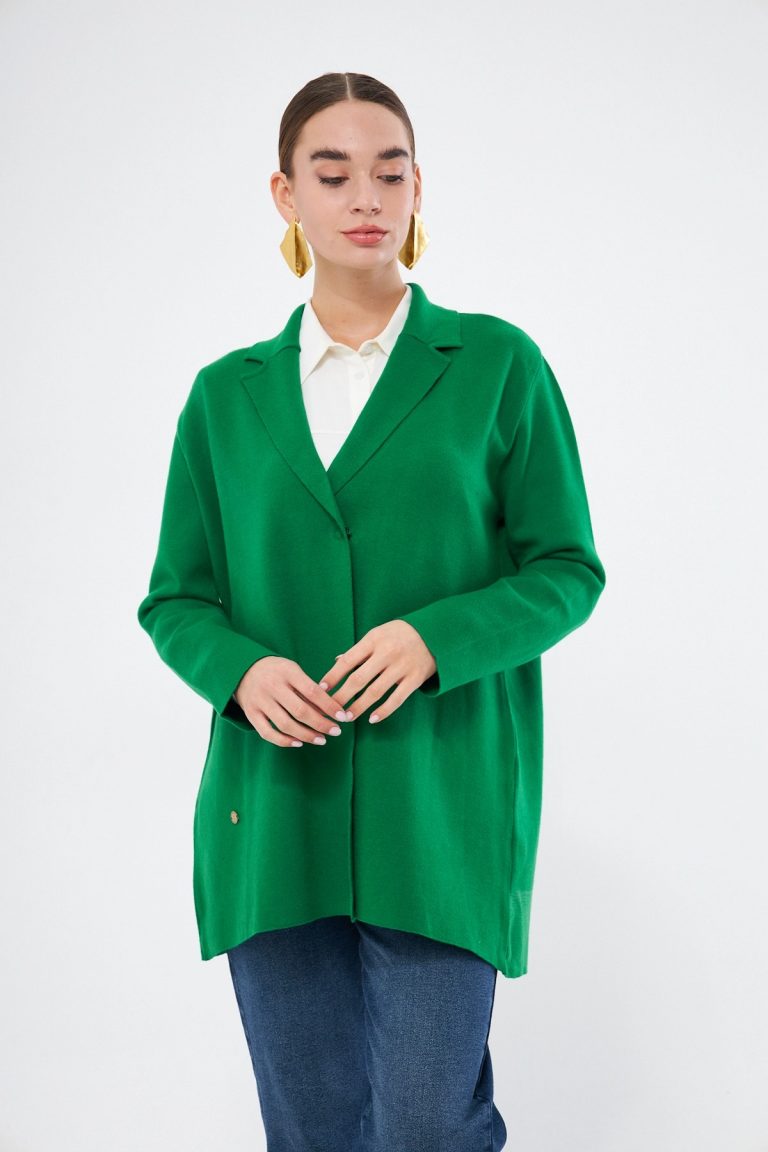 Mizalle Yeşil Örme Triko Rahat Kesimli Ceket - Mizalle