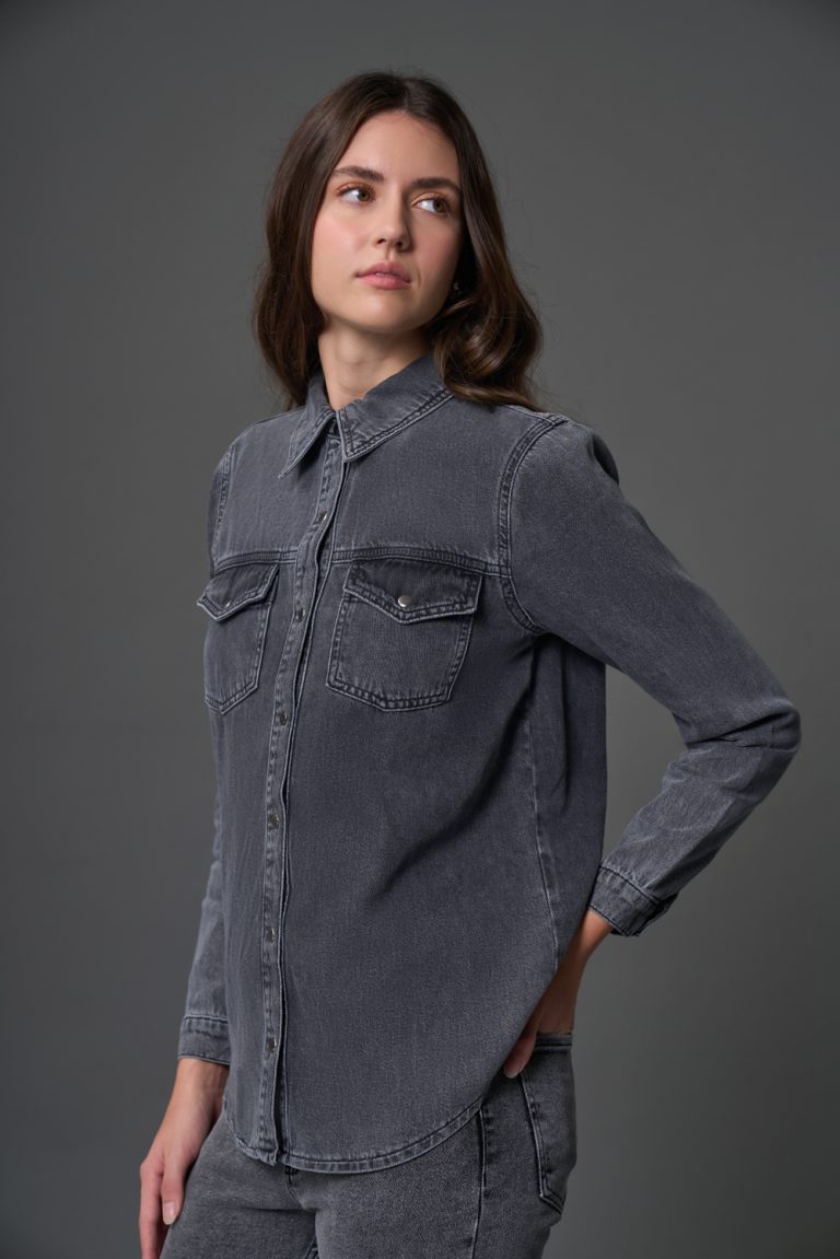 Mizalle Çift Cepli Klasik Antrasit Denim Gömlek - Mizalle