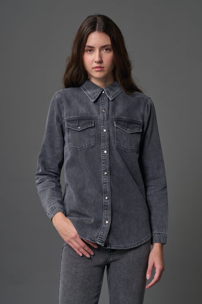 Mizalle Çift Cepli Klasik Antrasit Denim Gömlek - Mizalle
