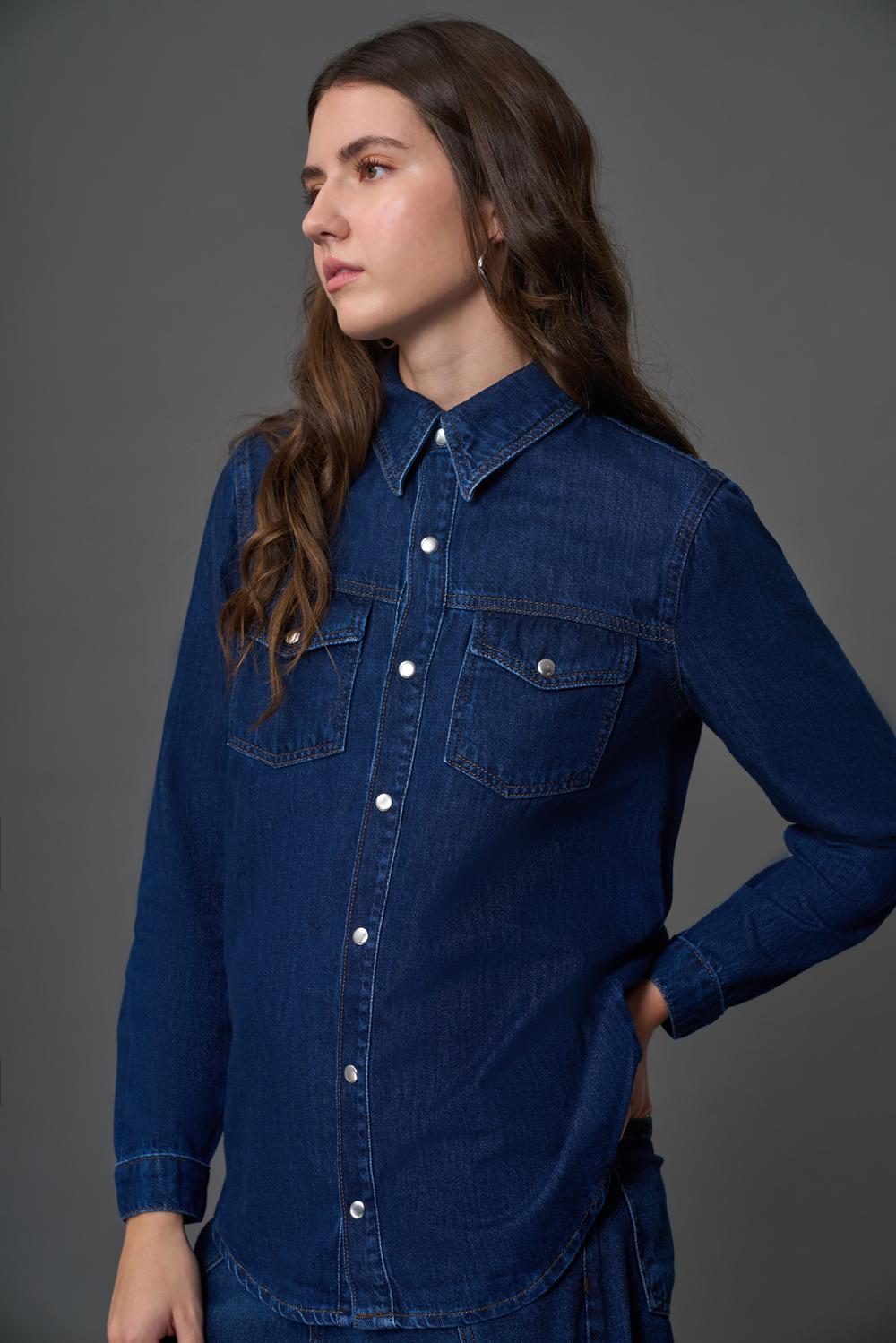 Mizalle - Mizalle Çift Cepli Klasik İndigo Mavi Denim Gömlek Mizalle - Mizalle Çift Cepli Klasik İndigo Mavi Denim Gömlek