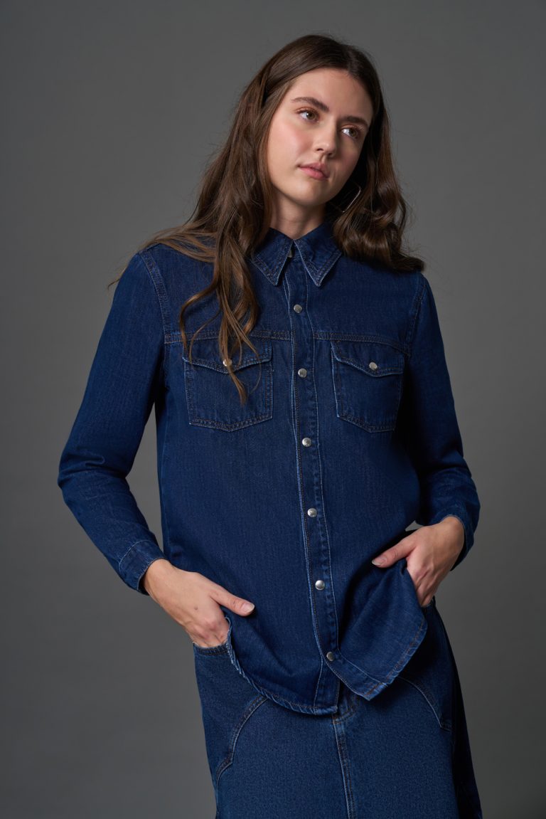 Mizalle Çift Cepli Klasik İndigo Mavi Denim Gömlek - Mizalle