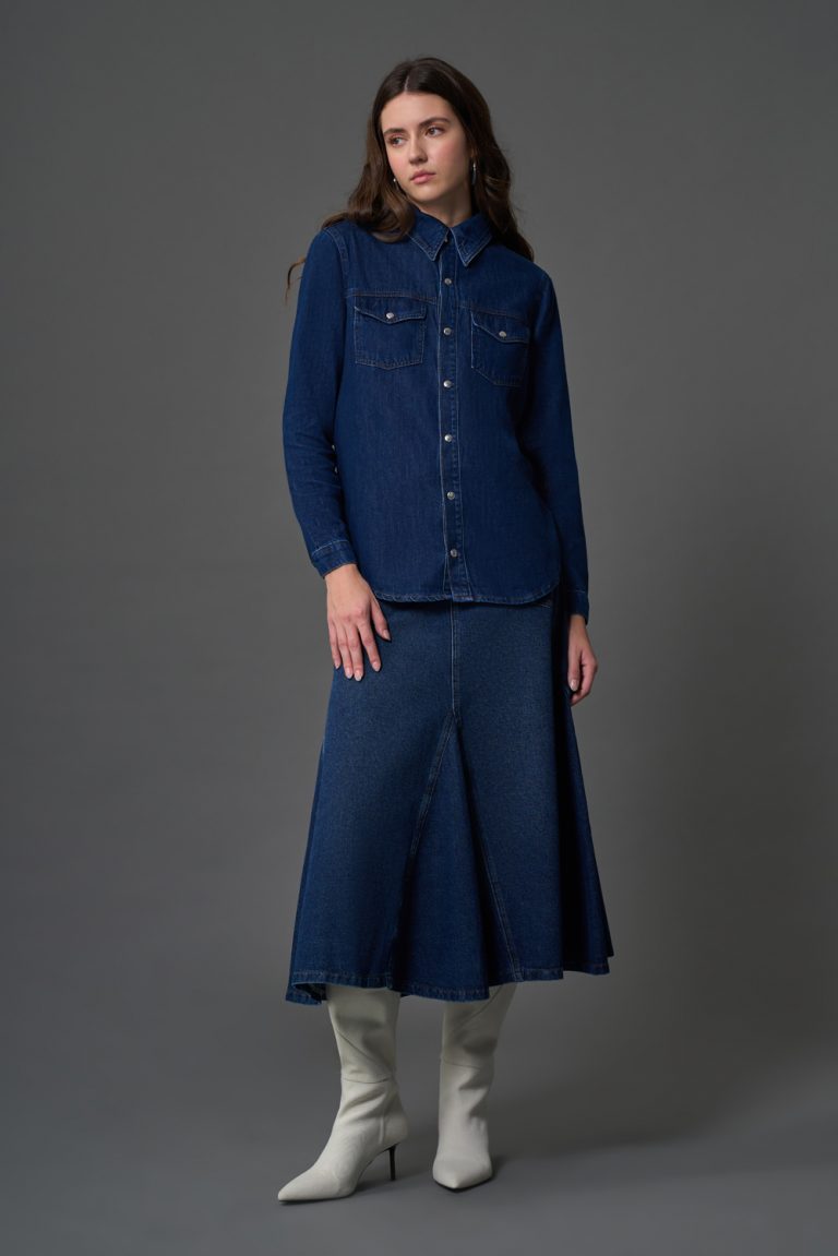 Mizalle Çift Cepli Klasik İndigo Mavi Denim Gömlek - Mizalle