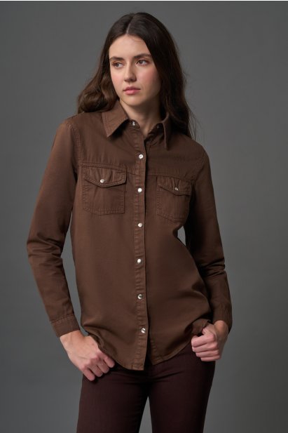 Mizalle Çift Cepli Klasik Kahverengi Denim Gömlek - Mizalle