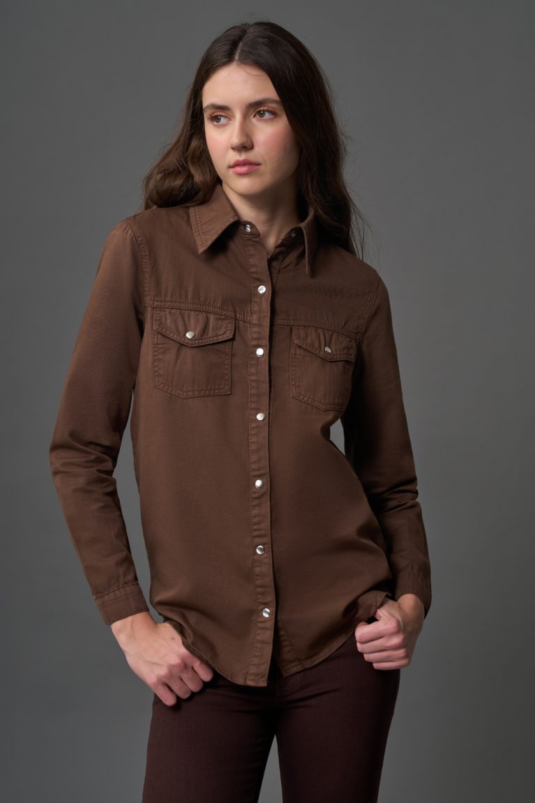 Mizalle Çift Cepli Klasik Kahverengi Denim Gömlek - Mizalle