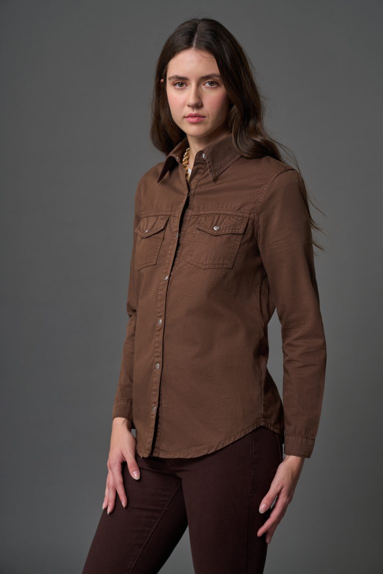 Mizalle Çift Cepli Klasik Kahverengi Denim Gömlek - Mizalle