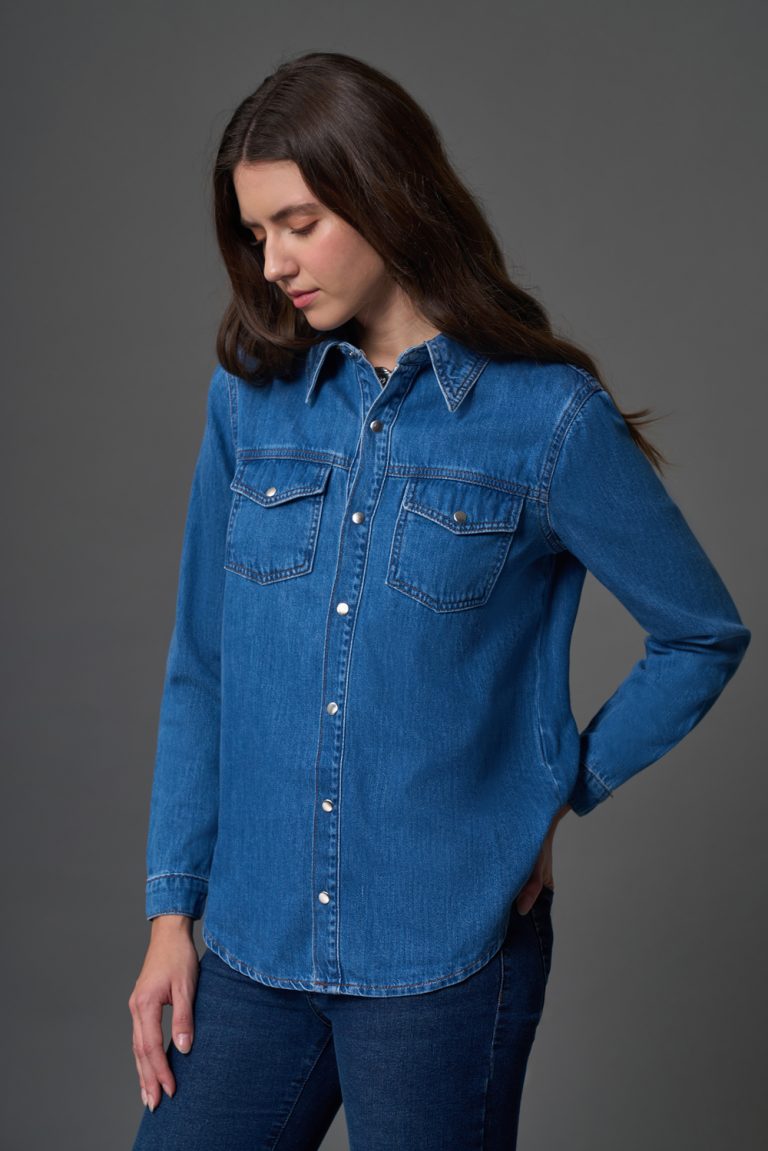 Çıtçıtlı Denim mavi Gömlek - Mizalle