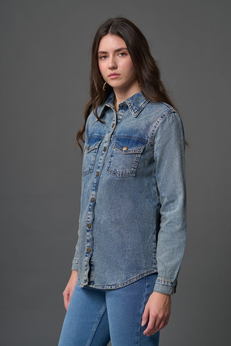 Mizalle Çift Cepli Klasik Koyu Mavi Denim Gömlek - Mizalle