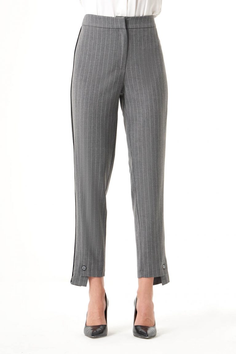 Mizalle Paça Detaylı Gri Çizgili Kumaş Pantolon - Mizalle