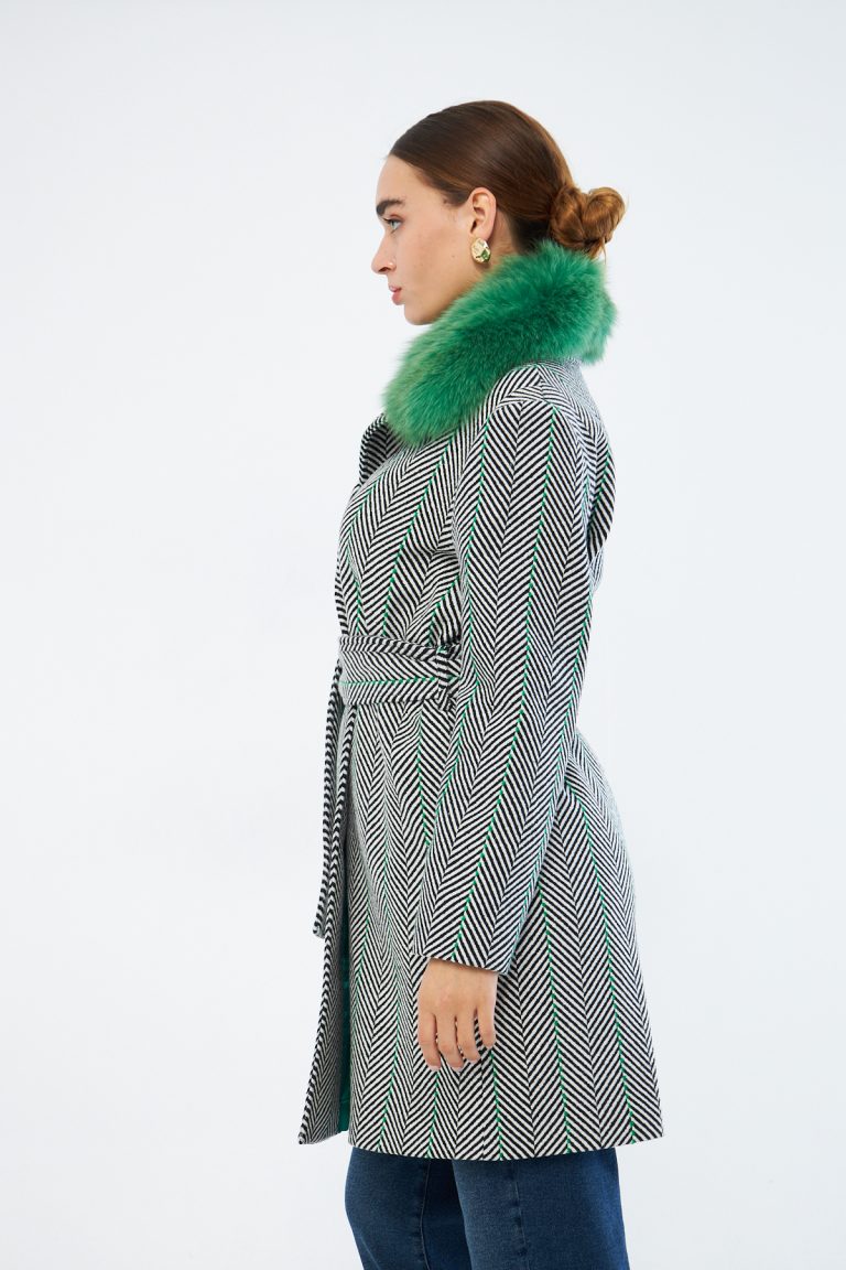 Mizalle Yeşil Kürklü Gri Çizgili Balıksırtı Dokuma Kaşe Dokulu Kaban - Mizalle