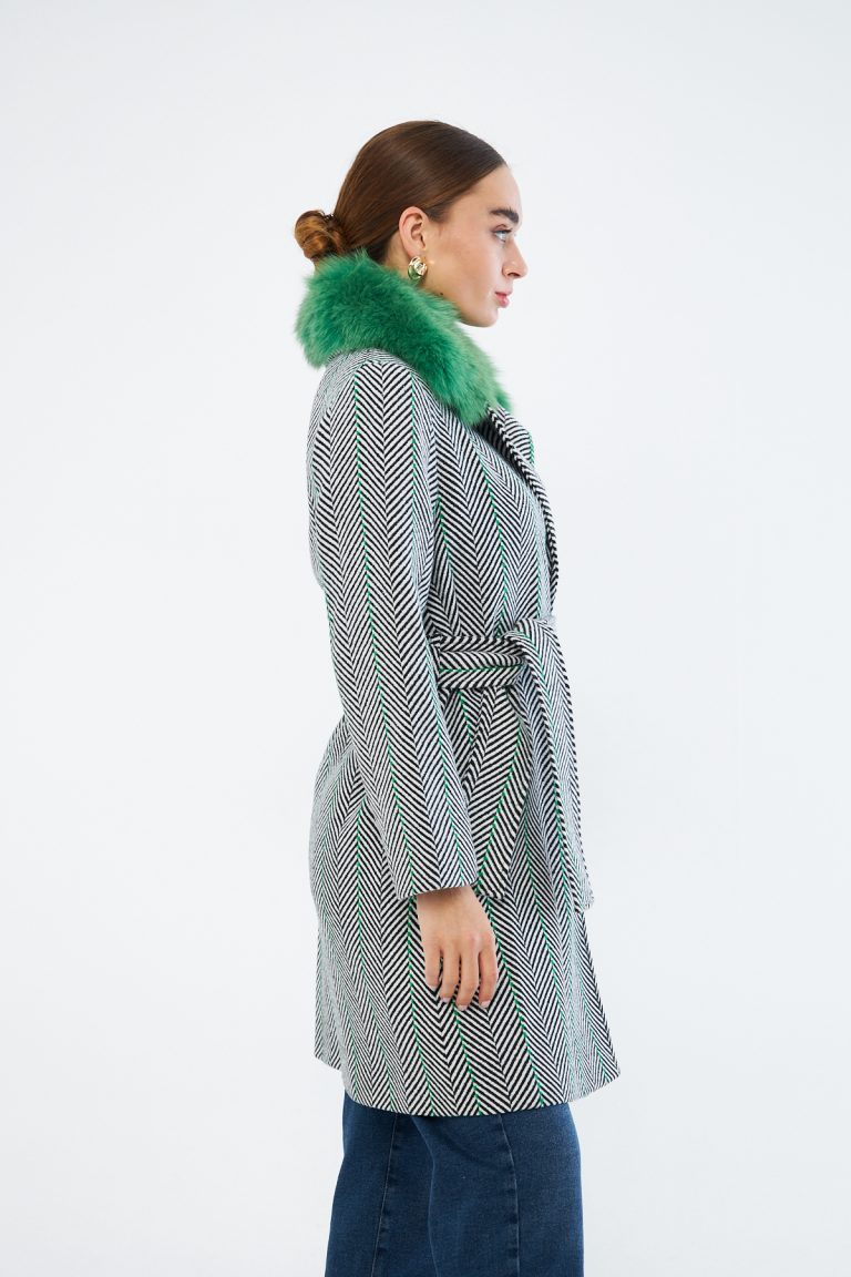 Mizalle Yeşil Kürklü Gri Çizgili Balıksırtı Dokuma Kaşe Dokulu Kaban - Mizalle