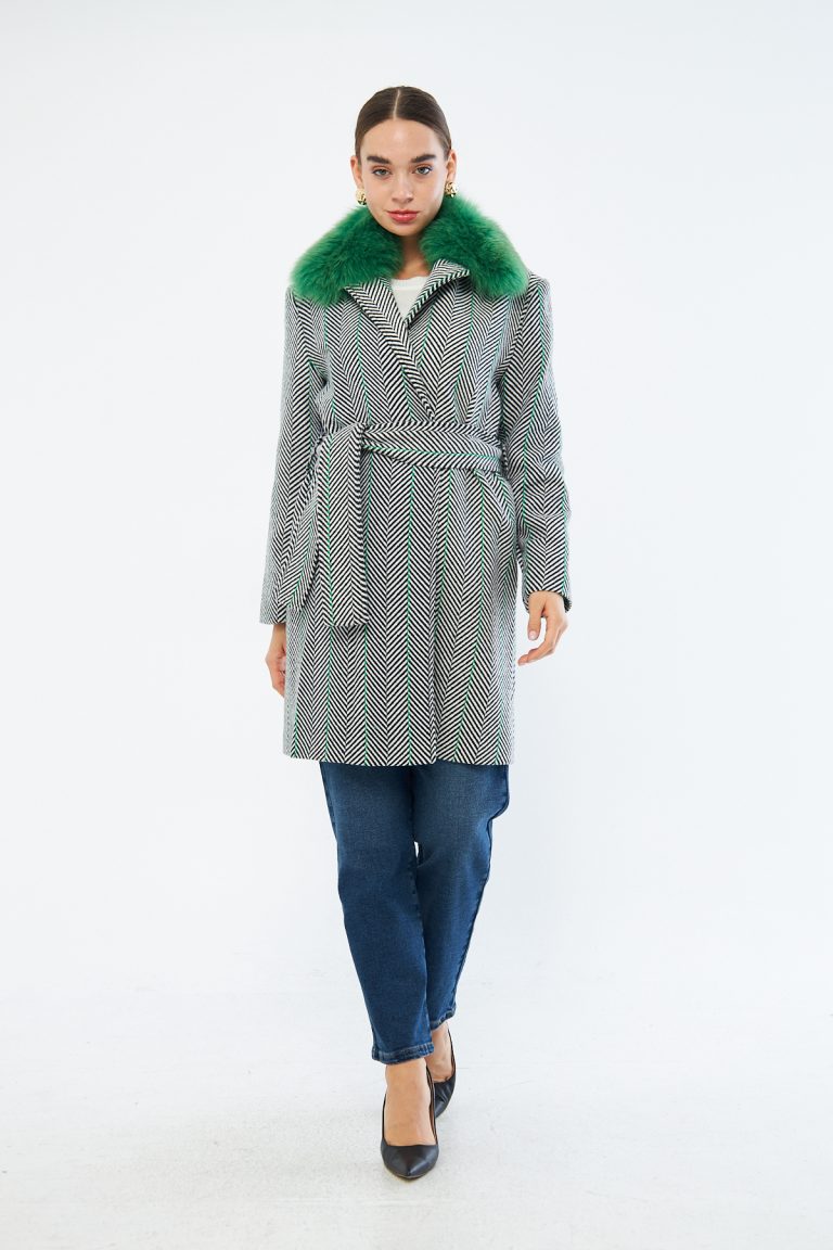 Mizalle Yeşil Kürklü Gri Çizgili Balıksırtı Dokuma Kaşe Dokulu Kaban - Mizalle