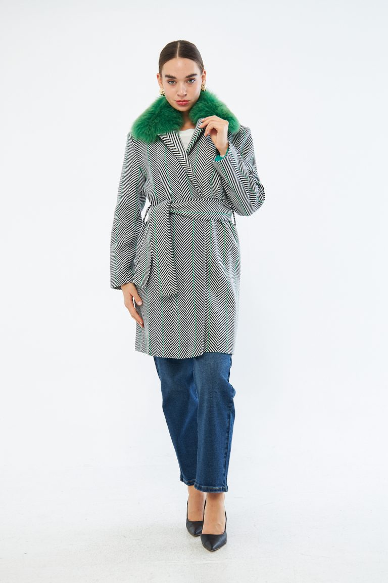 Mizalle Yeşil Kürklü Gri Çizgili Balıksırtı Dokuma Kaşe Dokulu Kaban - Mizalle