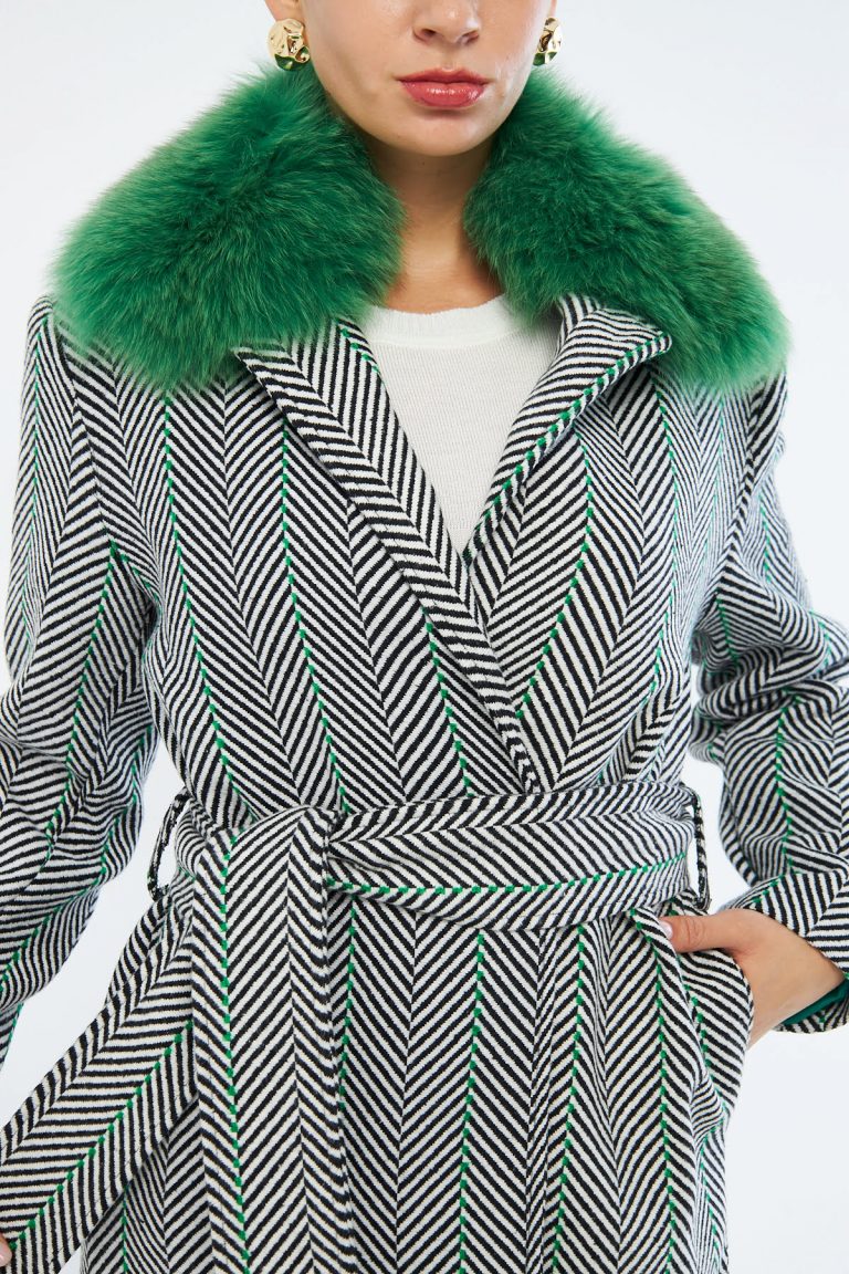 Mizalle Yeşil Kürklü Gri Çizgili Balıksırtı Dokuma Kaşe Dokulu Kaban - Mizalle