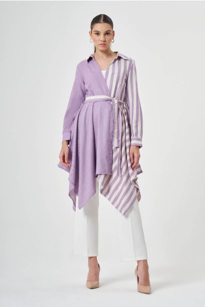 Mizalle Lila Ekru Çizgi Detaylı Kuşaklı Uzun Asimetrik Tunik - Mizalle