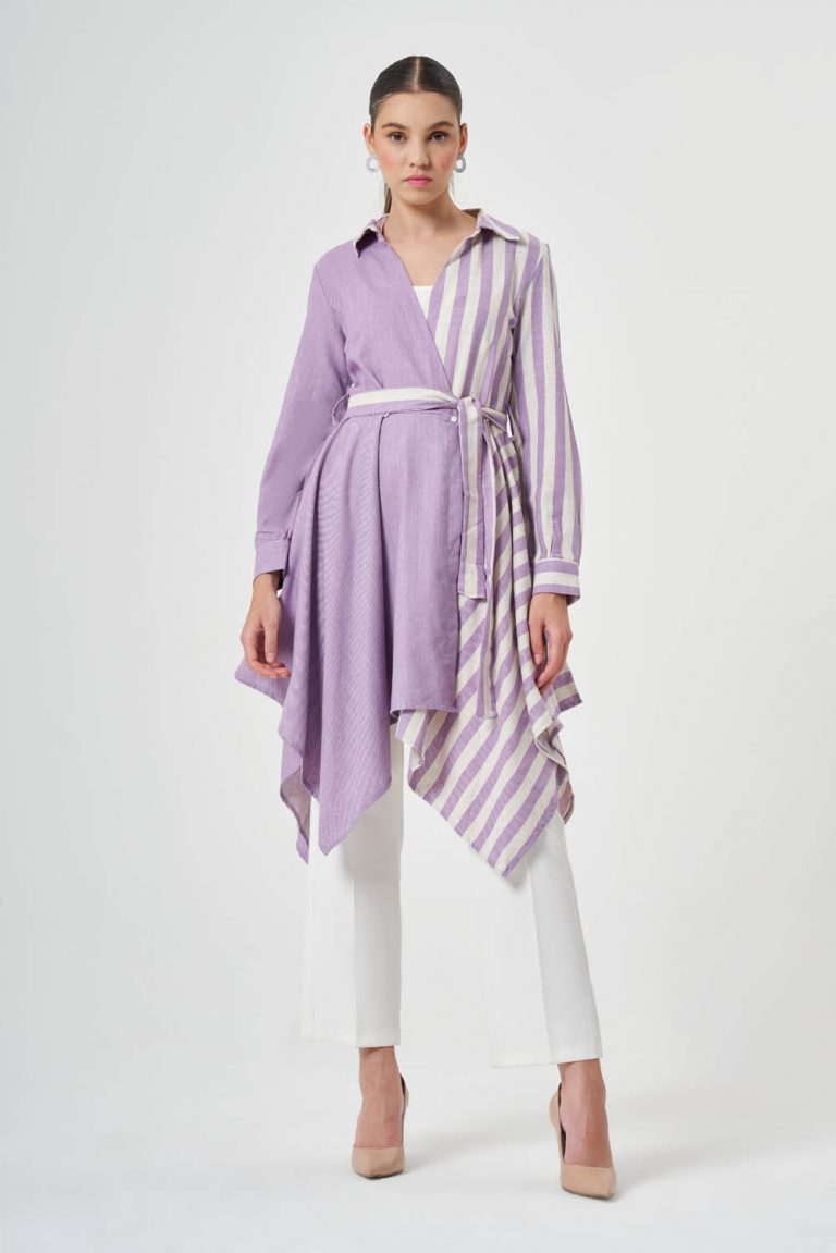 Mizalle Lila Ekru Çizgi Detaylı Kuşaklı Uzun Asimetrik Tunik - Mizalle