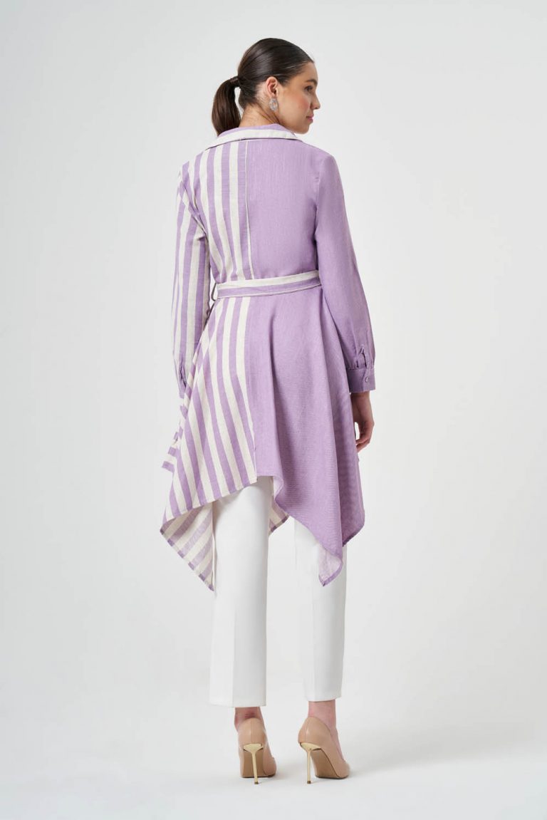 Mizalle Lila Ekru Çizgi Detaylı Kuşaklı Uzun Asimetrik Tunik - Mizalle