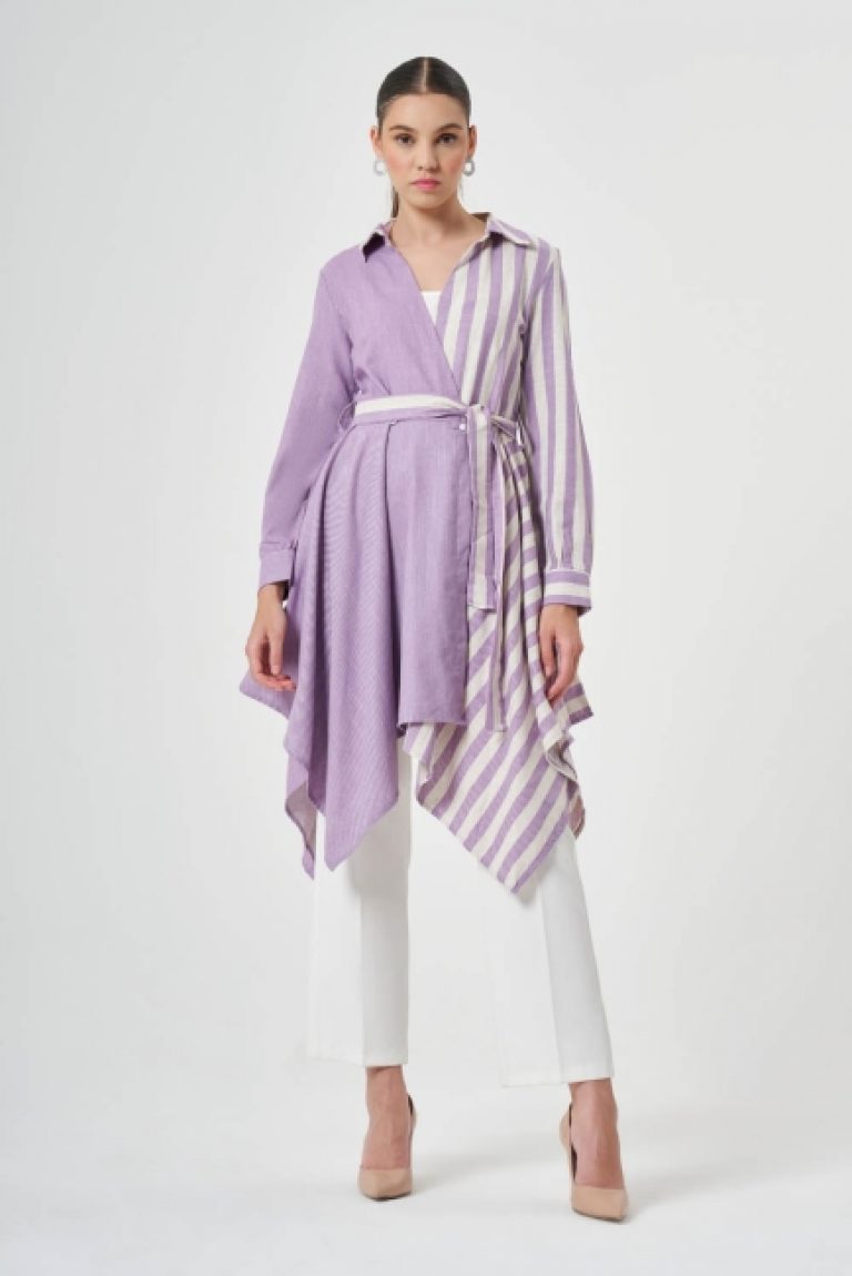 Mizalle Lila Ekru Çizgi Detaylı Kuşaklı Uzun Asimetrik Tunik - Mizalle