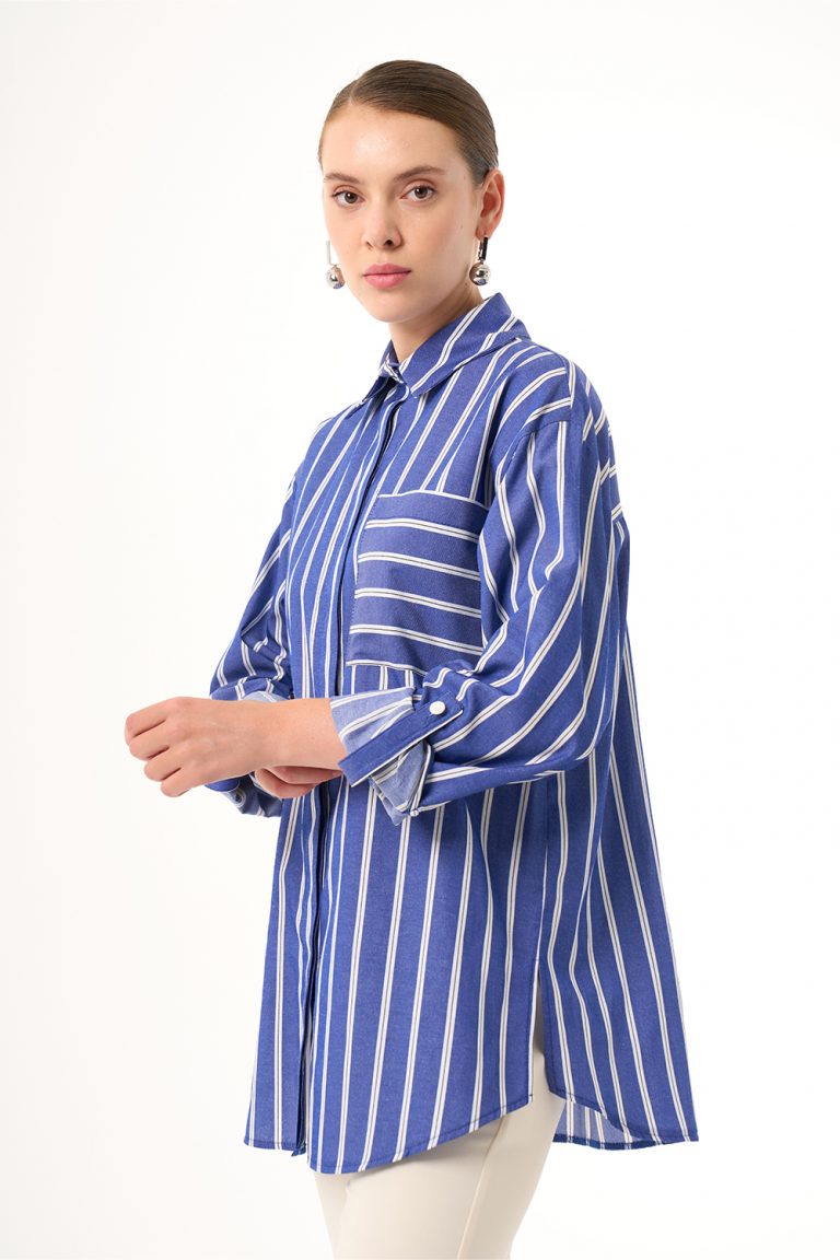 Mizalle Tek Cep Mavi Beyaz Çizgili Pamuklu Gömlek - Mizalle
