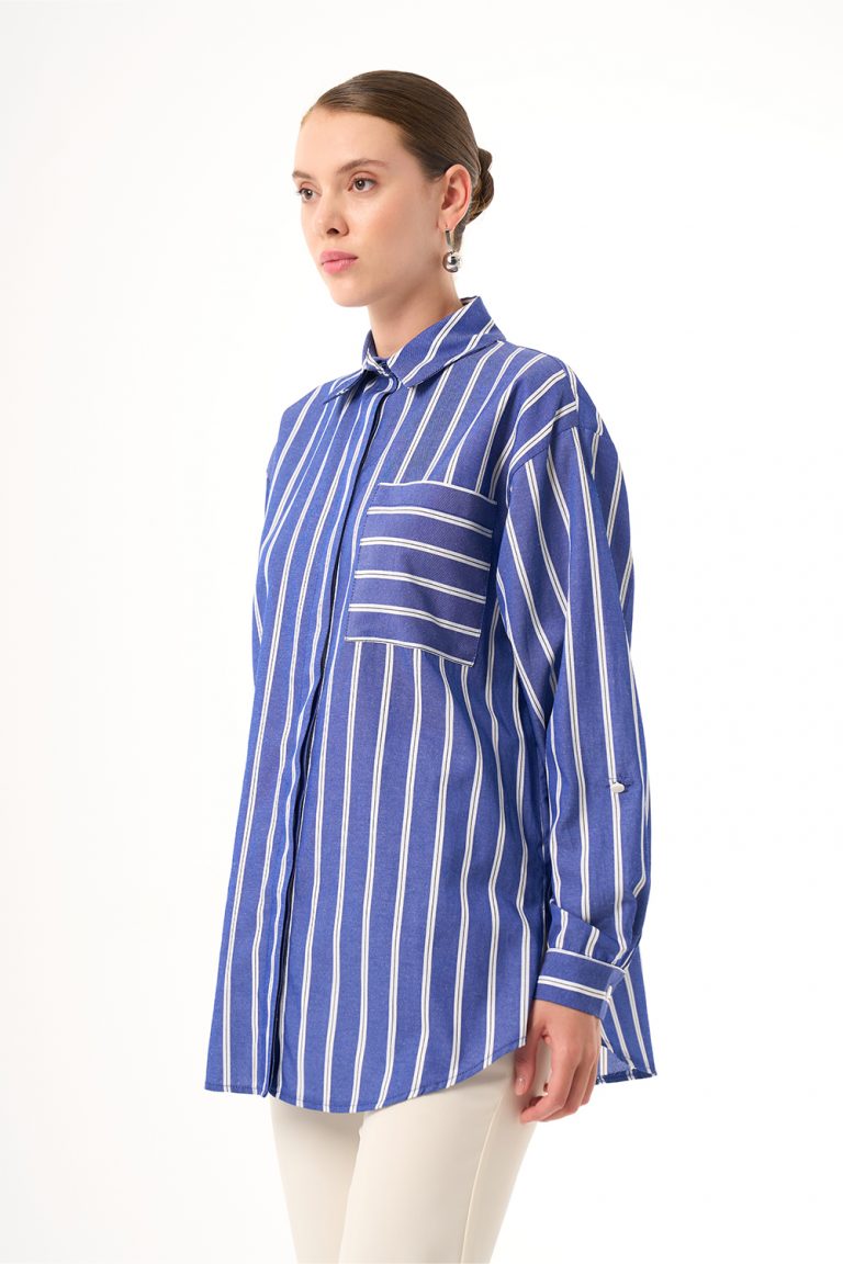 Mizalle Tek Cep Mavi Beyaz Çizgili Pamuklu Gömlek - Mizalle