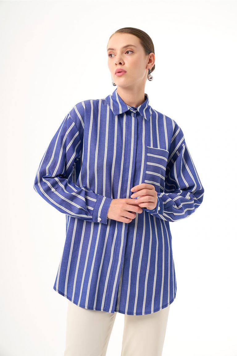 Mizalle Tek Cep Mavi Beyaz Çizgili Pamuklu Gömlek - Mizalle