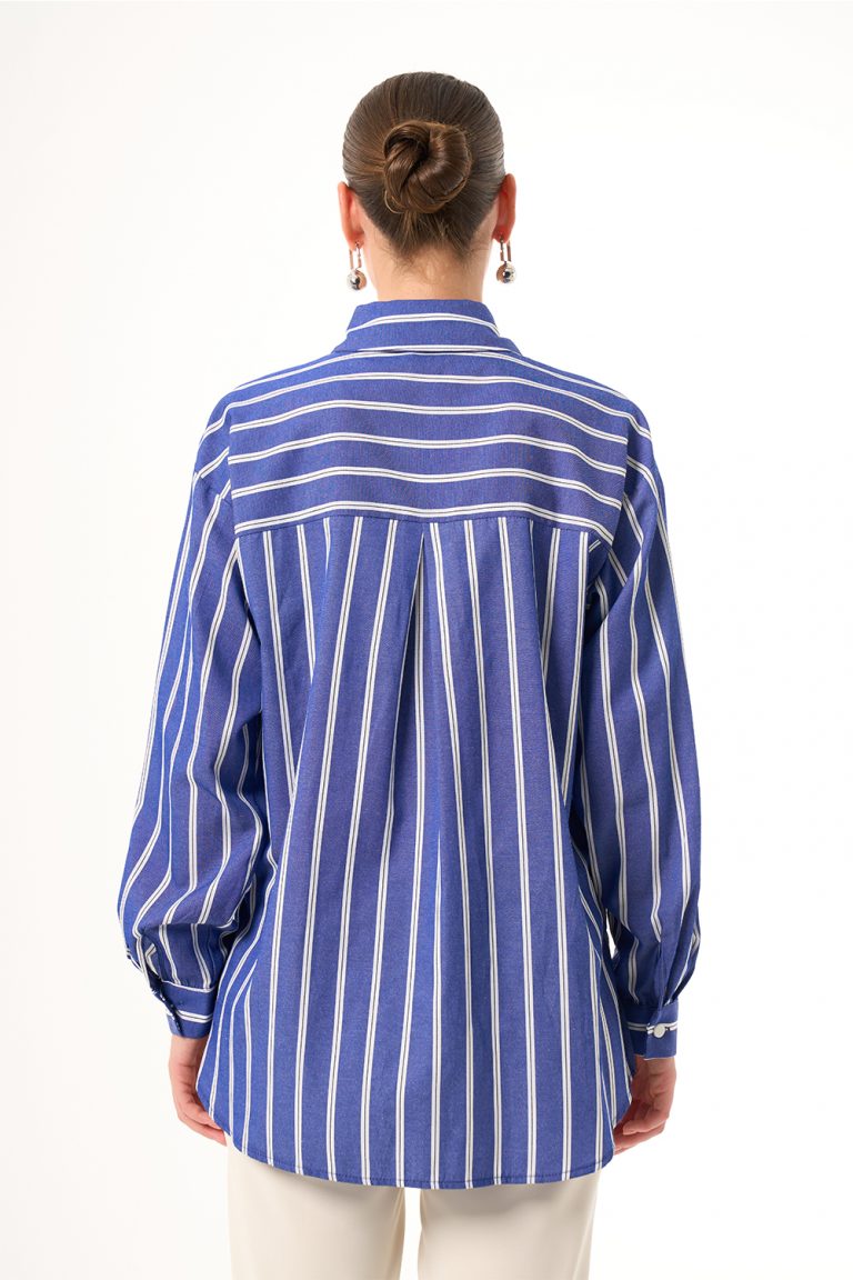 Mizalle Tek Cep Mavi Beyaz Çizgili Pamuklu Gömlek - Mizalle
