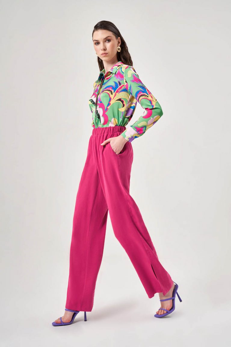 Mizalle Beli Lastikli Rahat Kalıplı Fuşya Cupra Pantolon - Mizalle