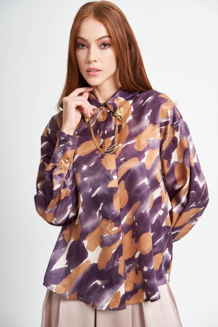 Mizalle - Mizalle Bej rengi Mor Damla Desenli Saten Tunik