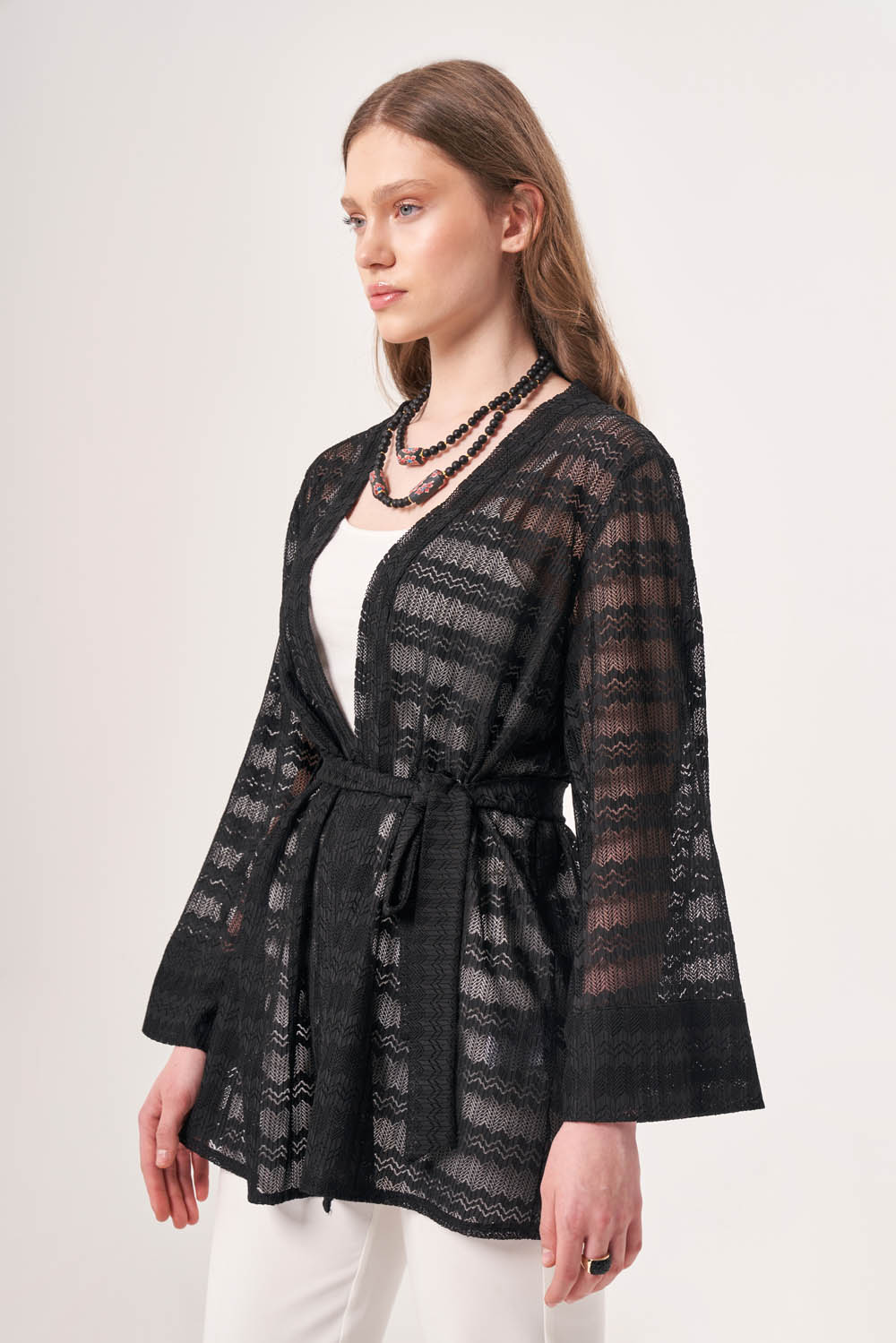 Mizalle Siyah Dantel Örgü Kimono