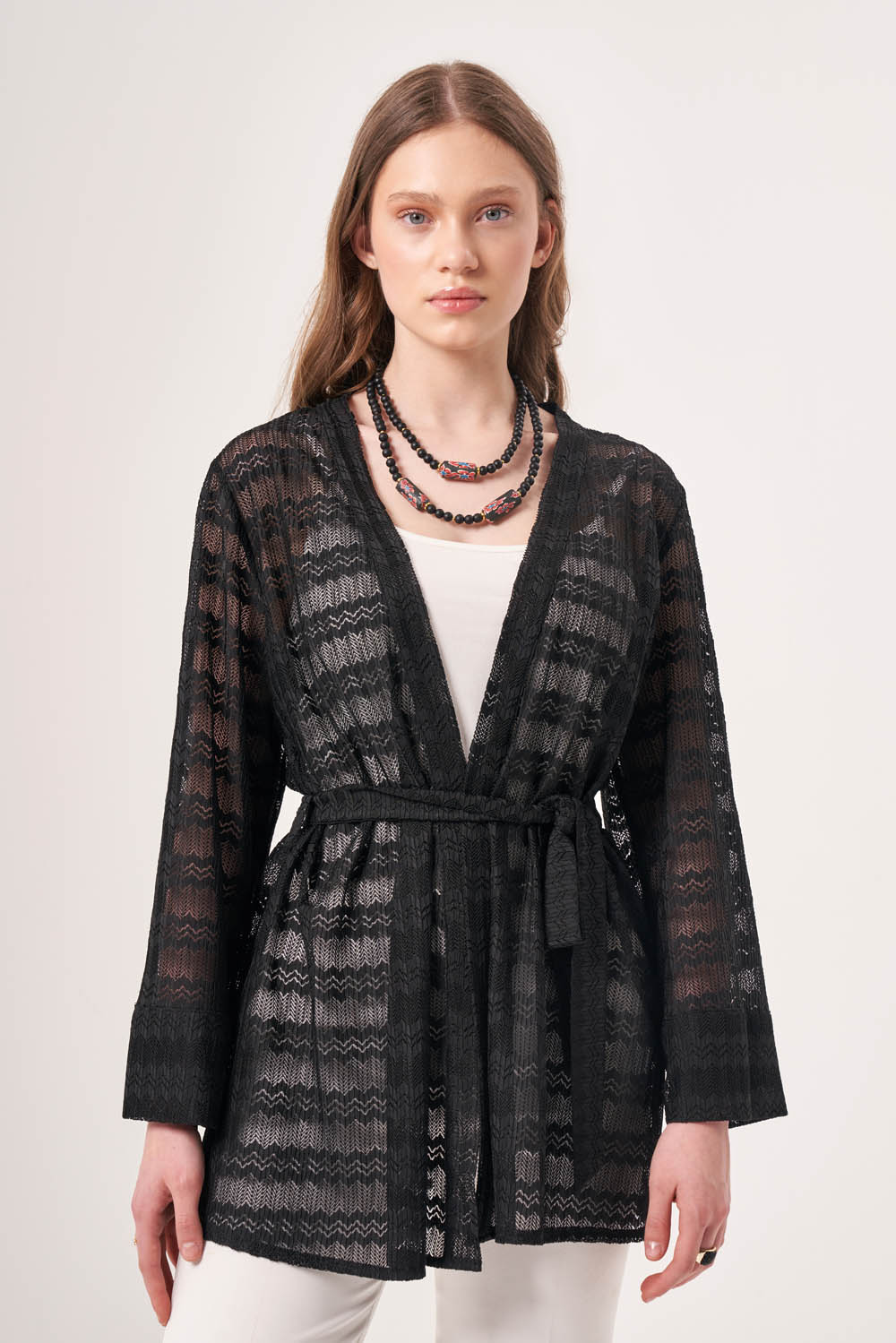 Mizalle Siyah Dantel Örgü Kimono