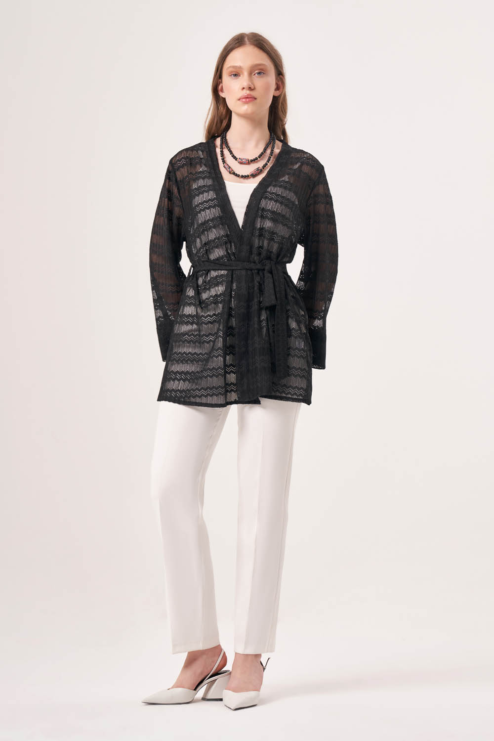 Mizalle Siyah Dantel Örgü Kimono