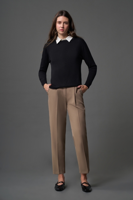 Mizalle - Mizalle Dar Paça Klasik Bej Rengi Kumaş Pantolon