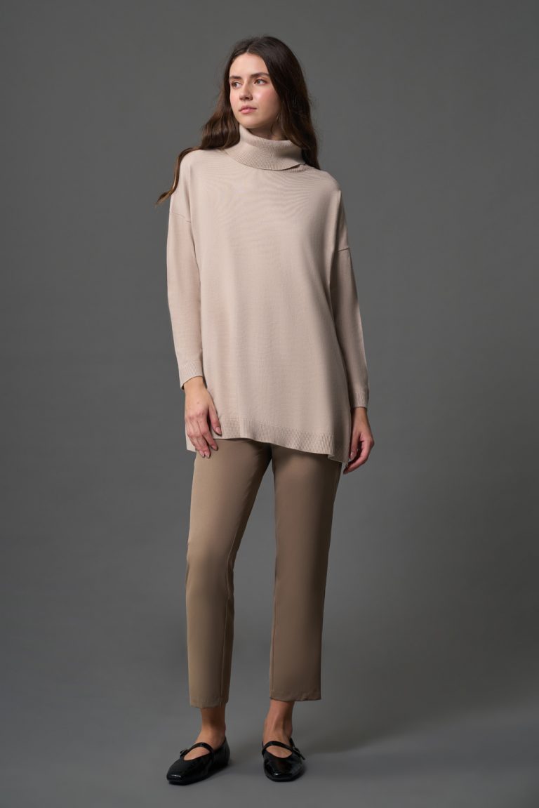 Mizalle Balıkçı Yaka Uzun Oversize Camel Triko Kazak - Mizalle