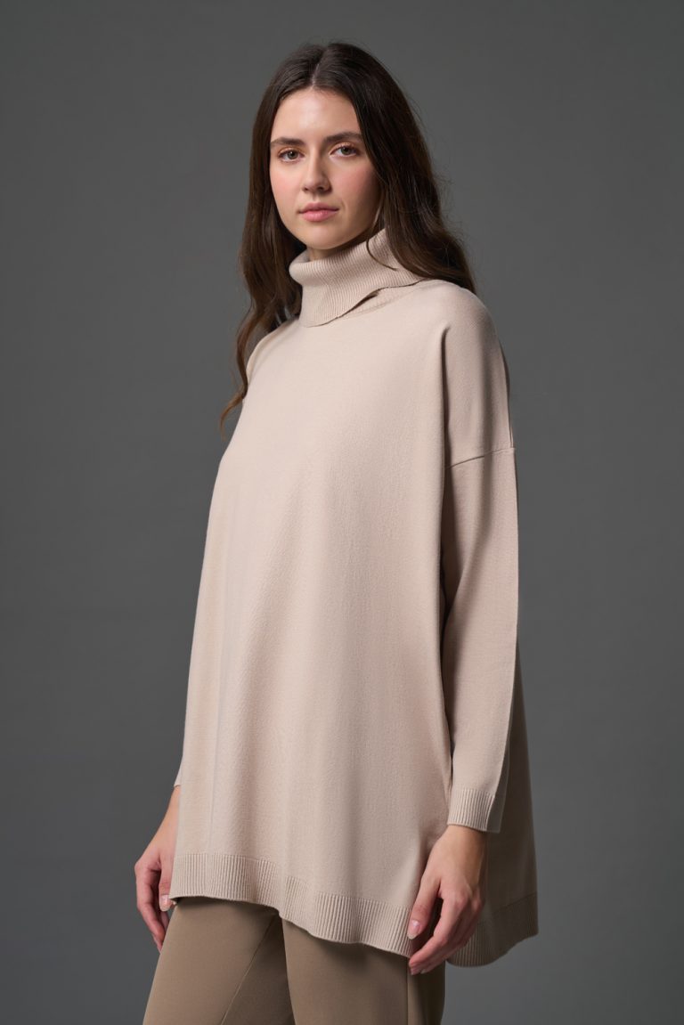 Mizalle Balıkçı Yaka Uzun Oversize Camel Triko Kazak - Mizalle