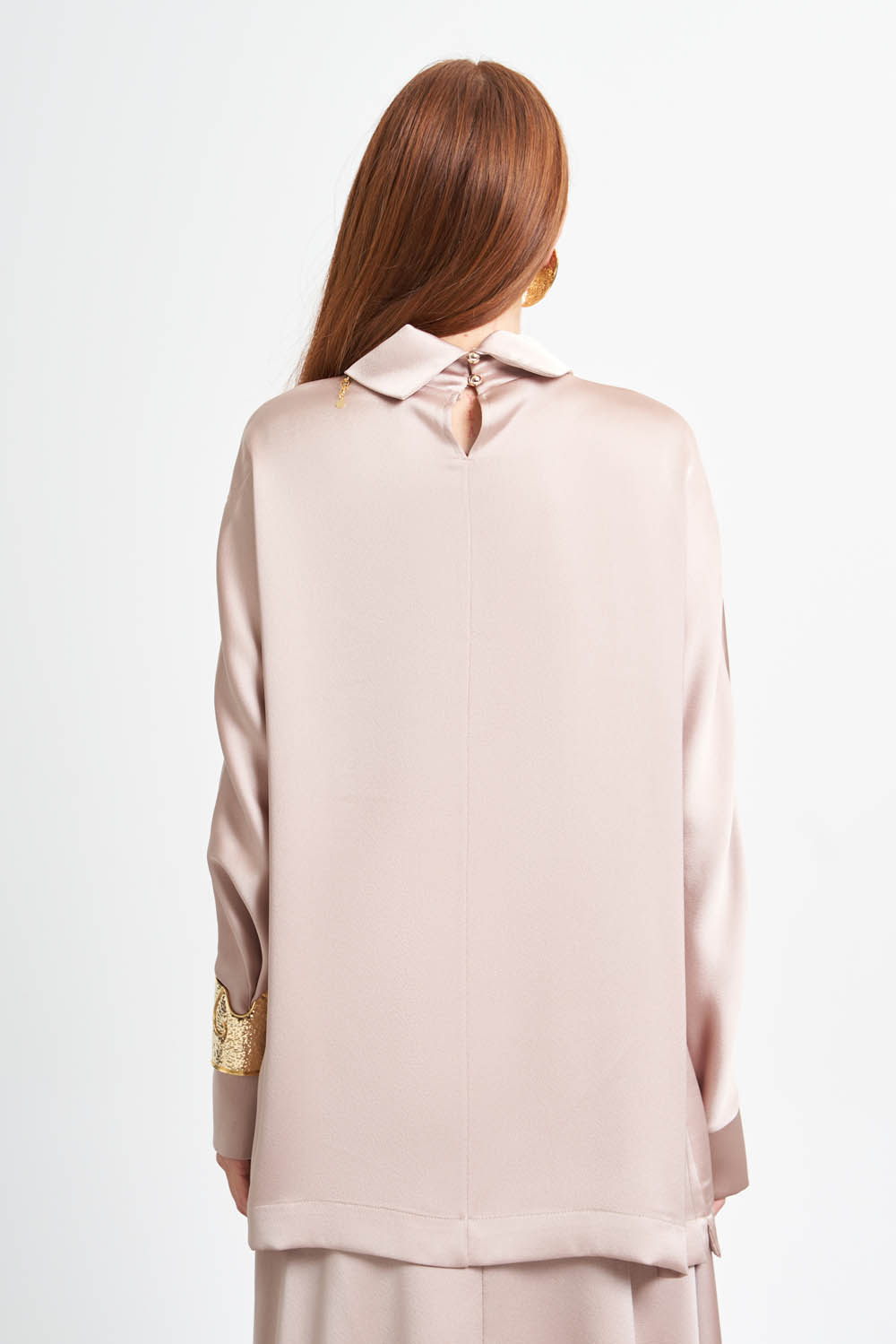 Mizalle Dik Degaje Yakalı Bej Rengi Saten Tunik - 6