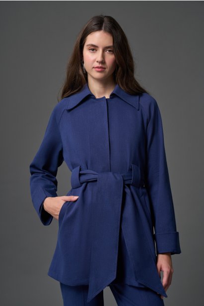 Mizalle Denim Dokulu Kuşaklı İndigo Mavi Ceket - Mizalle