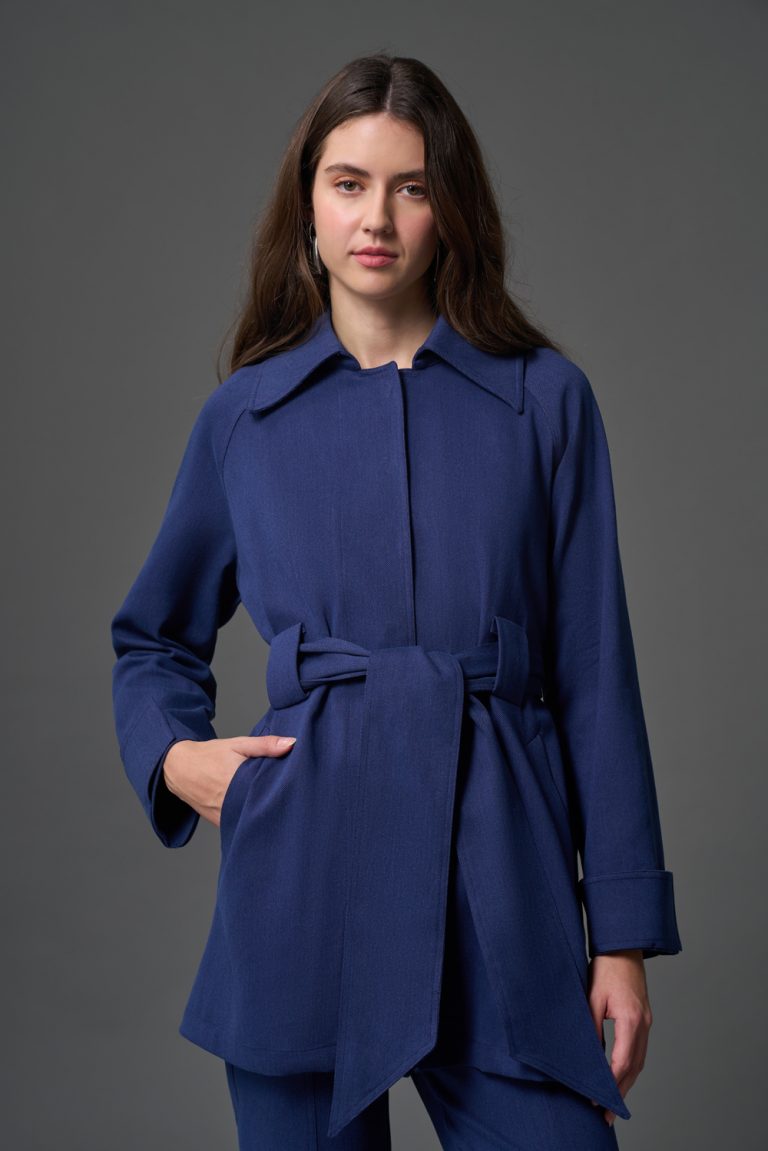 Mizalle Denim Dokulu Kuşaklı İndigo Mavi Ceket - Mizalle